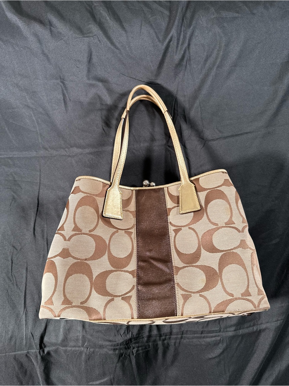 Coach Signature Stripe Framed Kisslock Carryall Gold Metallic Leather F13533